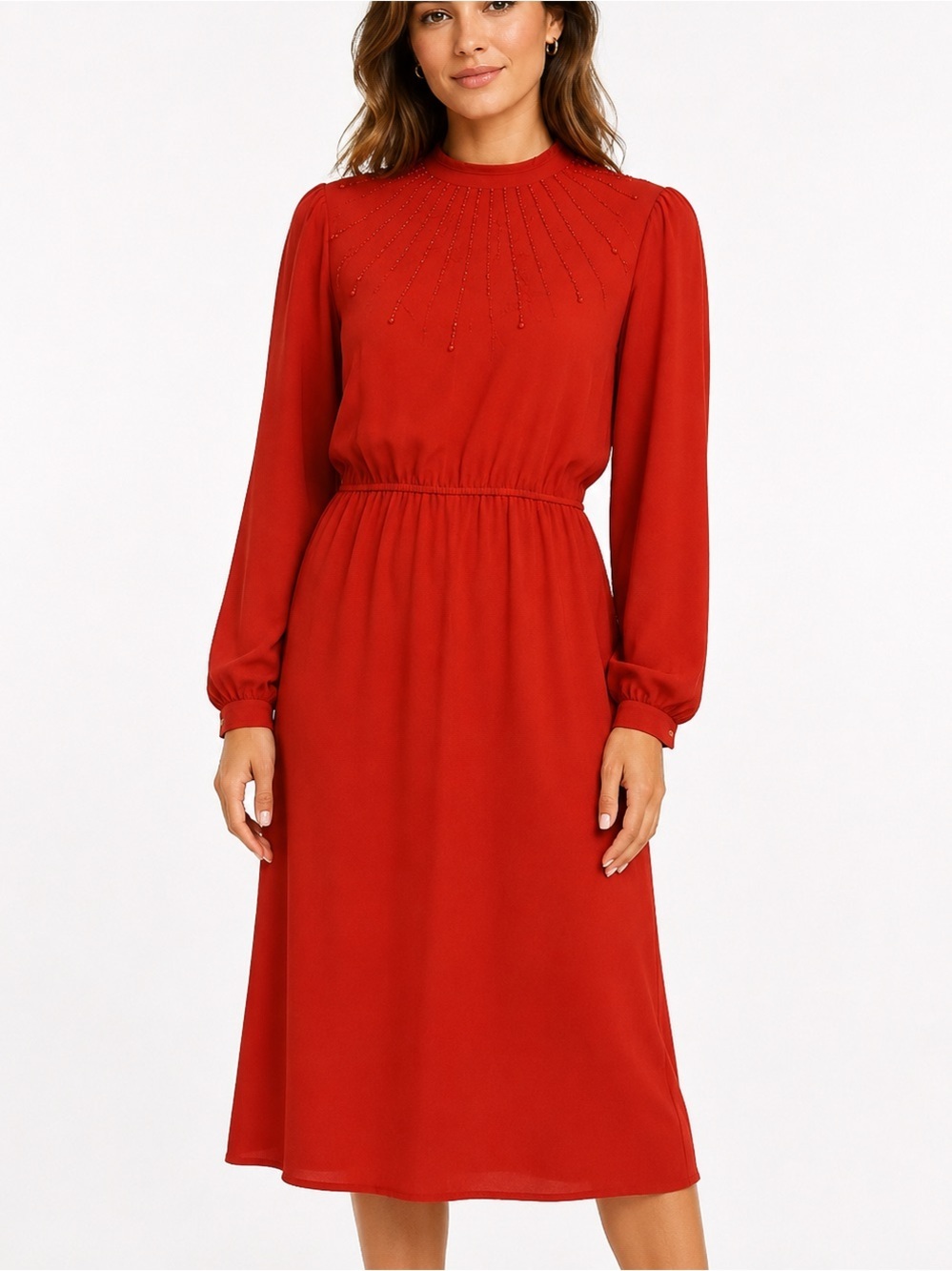 Vintage Classic Red Long-Sleeve Midi Dress